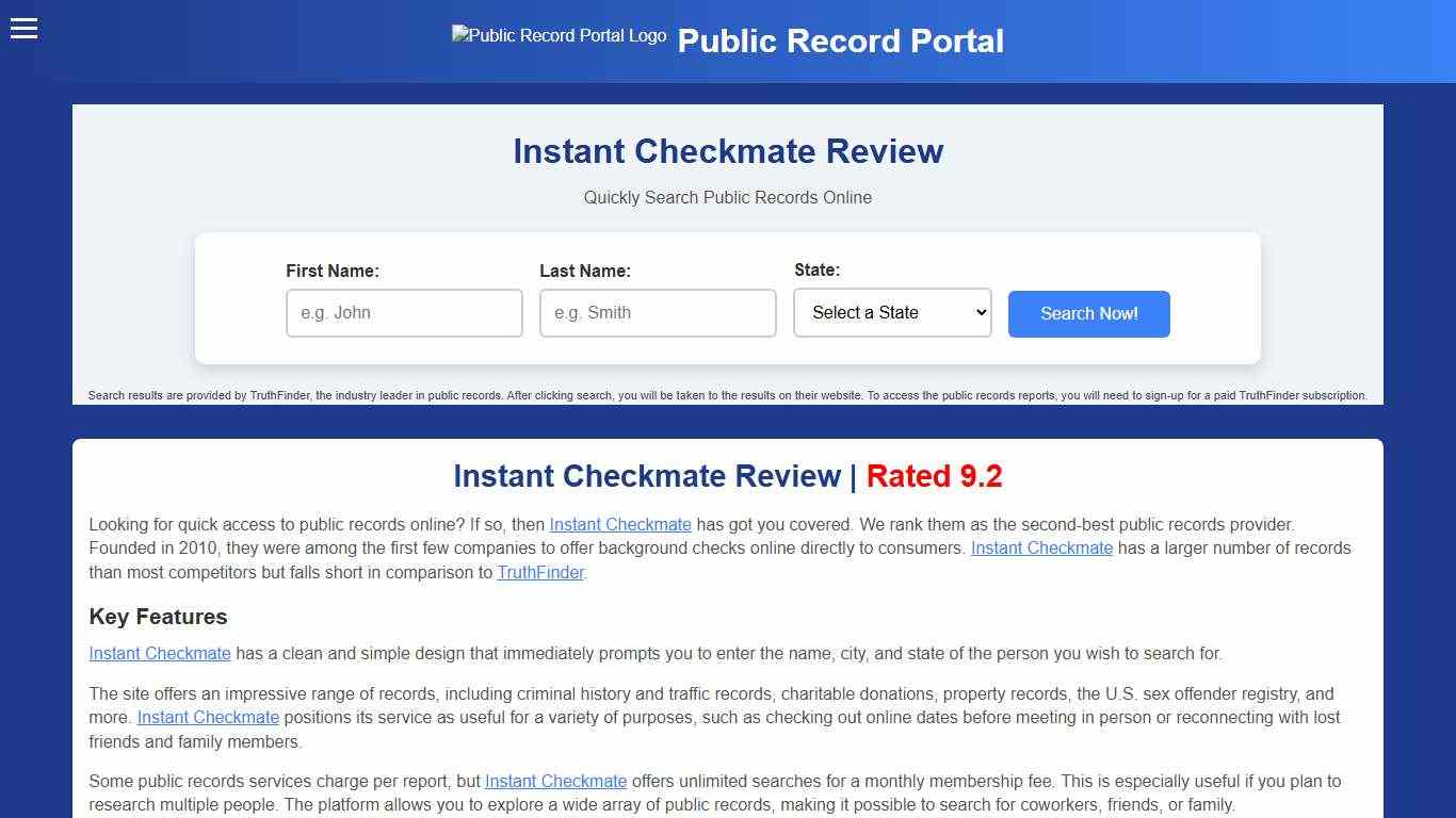 Instant Checkmate Review 2026 - Public Record Portal